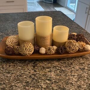 Farmhouse-inspired battery operated candles, wooden tray, and decor balls